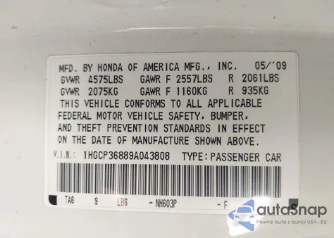 2009 Honda Accord 3.5 Ex-L from USA, damaged, VIN 1HGCP36889A043808